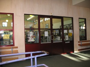 The windows at the front of the library before their transformation