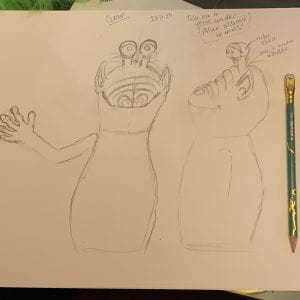 Pencil sketch showing front and side views of my alien puppet